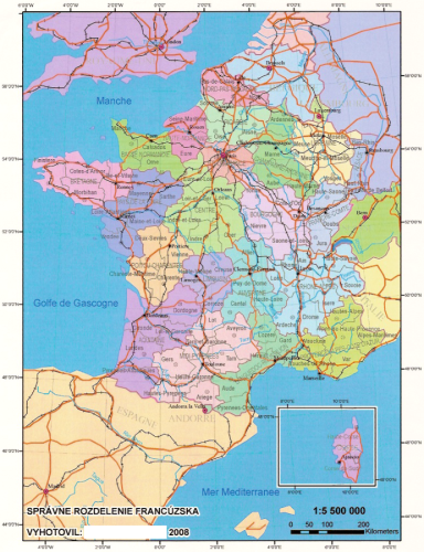 Popis mapy ve třech jazycích – název slovensky, grafické měřítko a popisy zeměpisné sítě anglicky, popisy mimo území Francie francouzsky. (Měly by být v jazyce příslušného státu.)