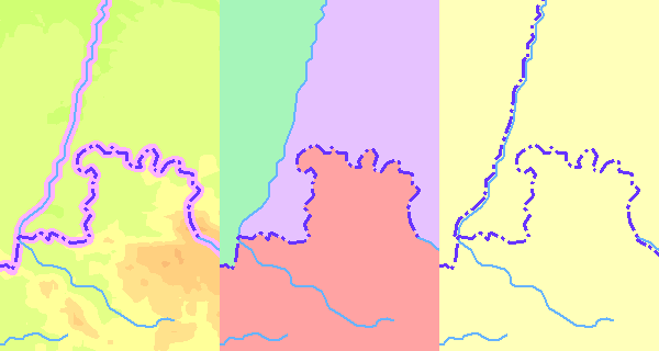 Možné způsoby správného znázornění v mapě s barevnou hypsometrií, v politické mapě, v obecné mapě