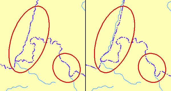 Kartograficky neobratné vedení hranice vodním tokem (vlevo). Nesoulad hranic a vodních toků z důvodu odlišnosti zdrojových dat (vpravo)